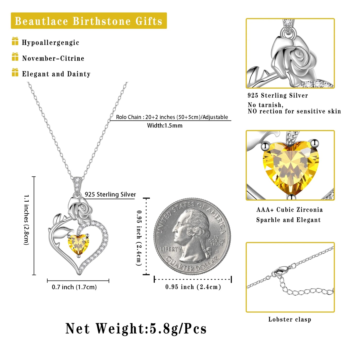 Elegant 925 Sterling Silver Birthstone Rose Flower Heart Necklace - Perfect Gift for Christmas, Valentine's Day, and Mother's Day for Women, Moms, Wives, and Lovers