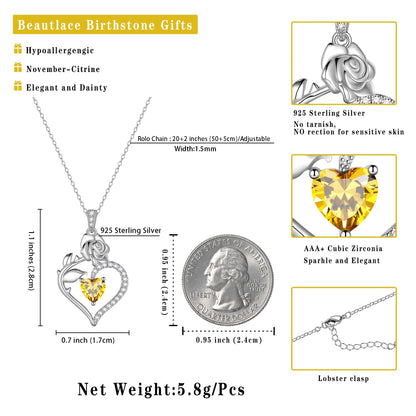 Elegant 925 Sterling Silver Birthstone Rose Flower Heart Necklace - Perfect Gift for Christmas, Valentine's Day, and Mother's Day for Women, Moms, Wives, and Lovers