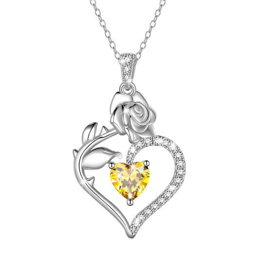 Elegant 925 Sterling Silver Birthstone Rose Flower Heart Necklace - Perfect Gift for Christmas, Valentine's Day, and Mother's Day for Women, Moms, Wives, and Lovers
