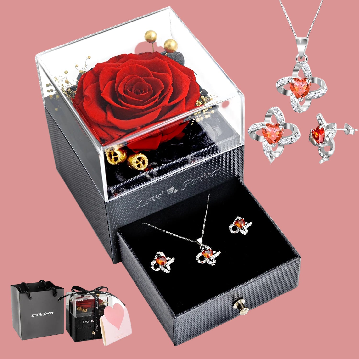 Eternal Rose with Necklace Earrings Set Birthday Gifts for Women Mom Preserved Real Flowers Mothers Day Valentines Day Gifts Anniversary Jewelry Sets for Women Grandma Wife Girlfriend Her (Red)