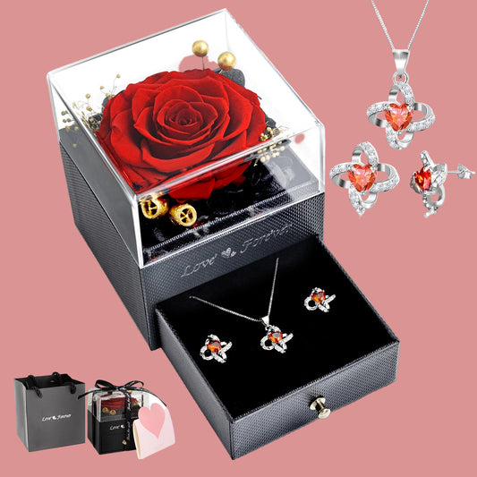 Eternal Rose with Necklace Earrings Set Birthday Gifts for Women Mom Preserved Real Flowers Mothers Day Valentines Day Gifts Anniversary Jewelry Sets for Women Grandma Wife Girlfriend Her (Red)
