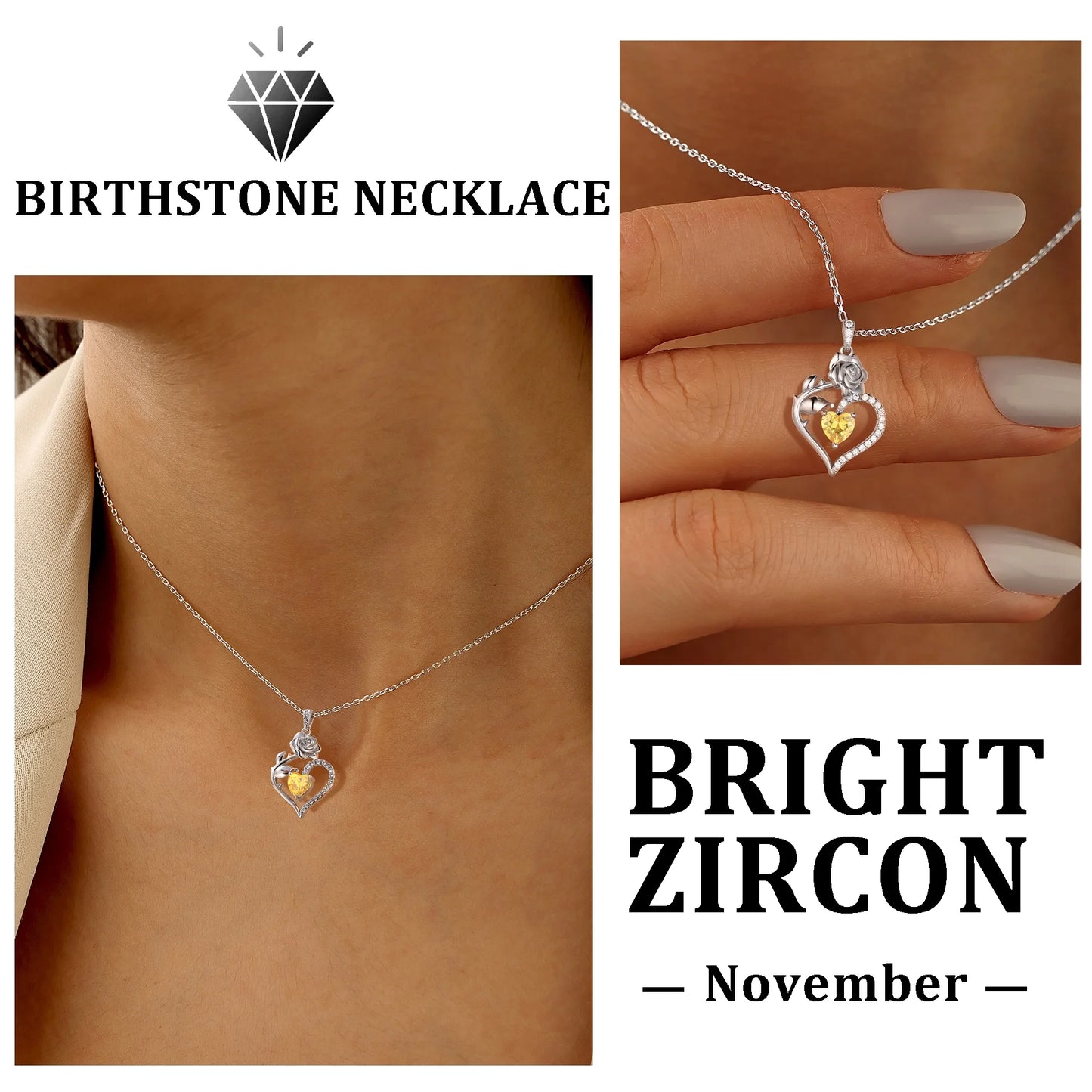 Elegant 925 Sterling Silver Birthstone Rose Flower Heart Necklace - Perfect Gift for Christmas, Valentine's Day, and Mother's Day for Women, Moms, Wives, and Lovers