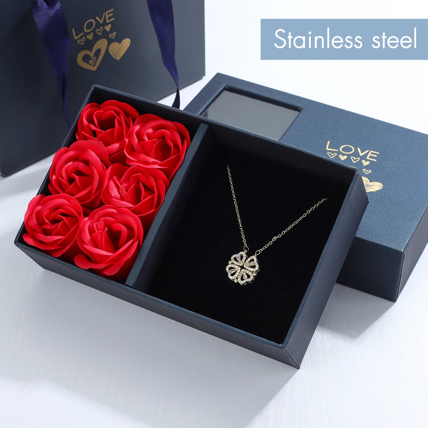 Charming Four-Leaf Clover & Heart Necklace Gift Box - Dainty Gold Necklaces for Girlfriend