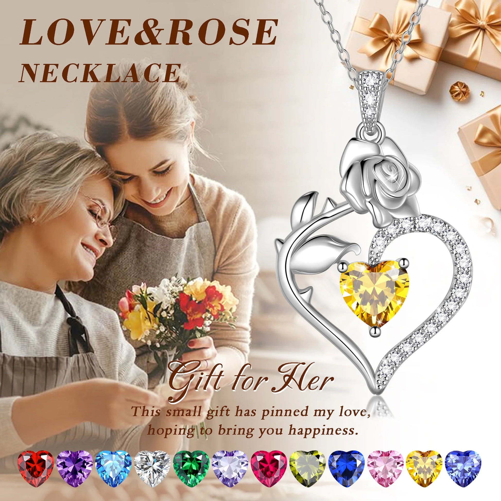 Elegant 925 Sterling Silver Birthstone Rose Flower Heart Necklace - Perfect Gift for Christmas, Valentine's Day, and Mother's Day for Women, Moms, Wives, and Lovers