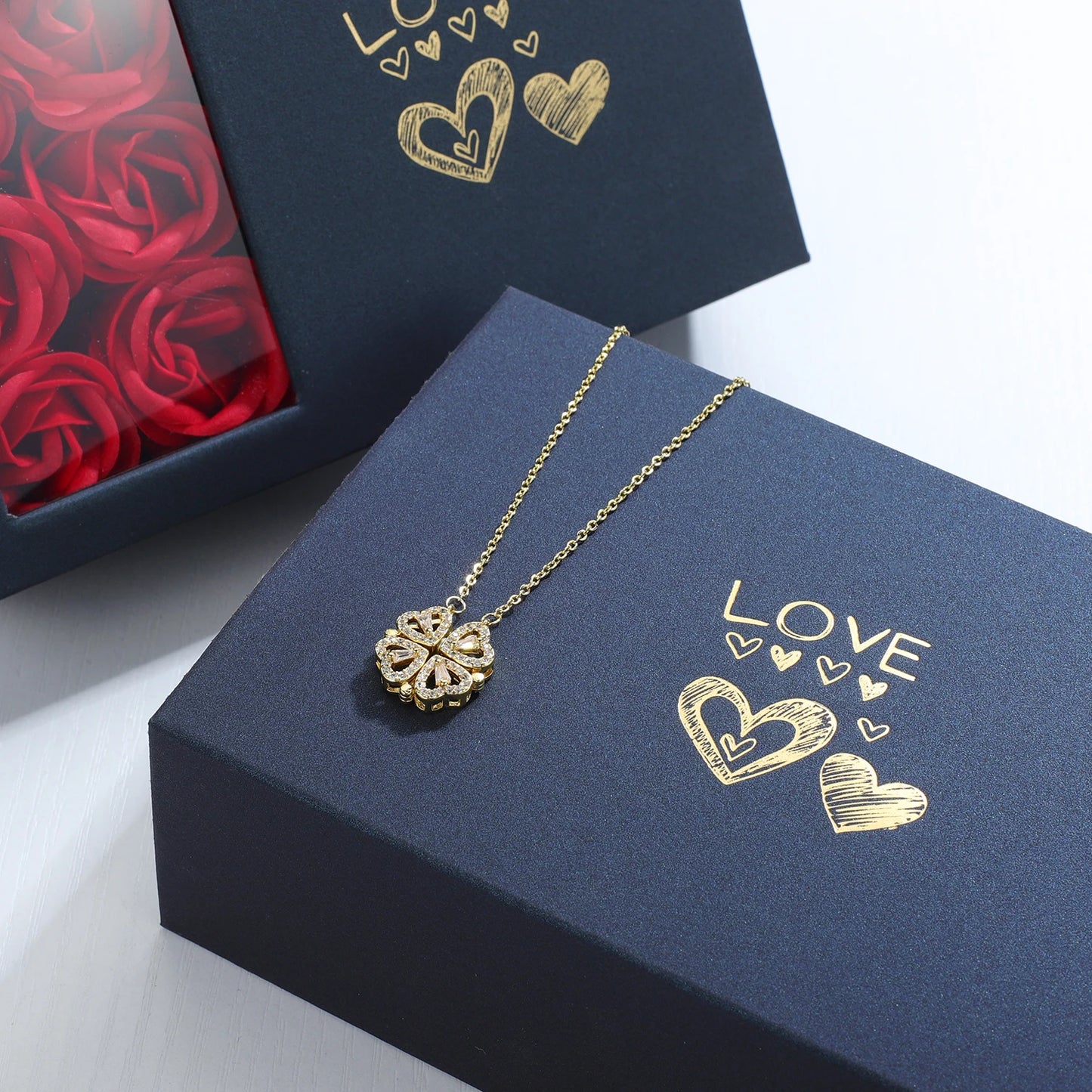 Charming Four-Leaf Clover & Heart Necklace Gift Box - Dainty Gold Necklaces for Girlfriend