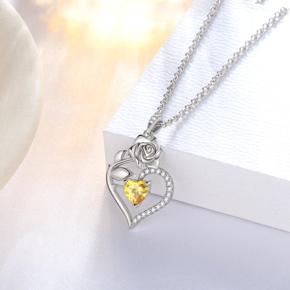Elegant 925 Sterling Silver Birthstone Rose Flower Heart Necklace - Perfect Gift for Christmas, Valentine's Day, and Mother's Day for Women, Moms, Wives, and Lovers