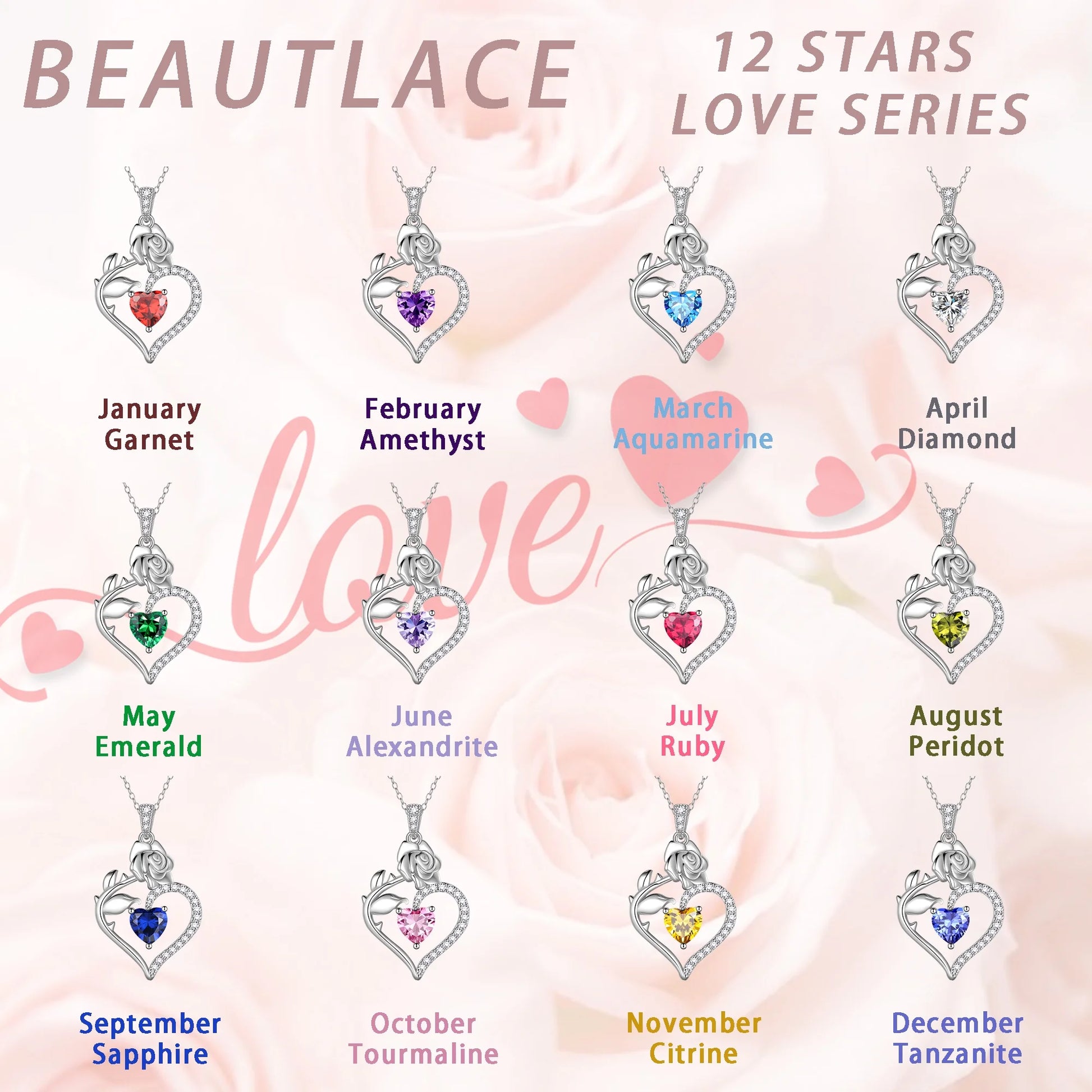 Elegant 925 Sterling Silver Birthstone Rose Flower Heart Necklace - Perfect Gift for Christmas, Valentine's Day, and Mother's Day for Women, Moms, Wives, and Lovers
